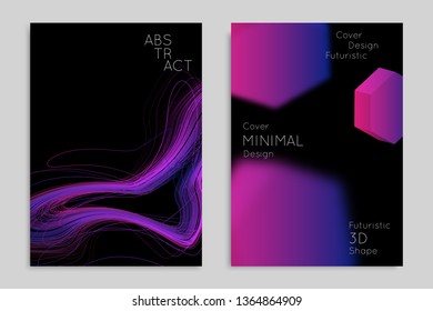 Abstract banner template with blurred geometric shapes. Poster with gradient neon colored  lines like tangled threads. Bright colorful fluid shapes on black background.