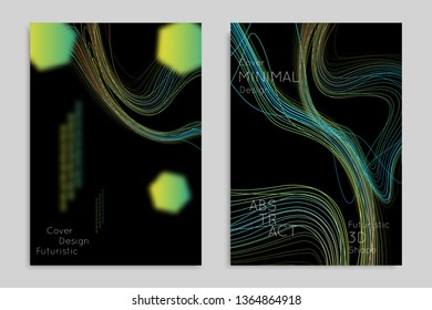 Abstract banner template with blurred geometric shapes. Poster with gradient neon colored  lines like tangled threads. Bright colorful fluid shapes on black background.