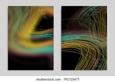 Abstract banner template with blurred geometric shapes. Poster with gradient neon colored  lines like tangled threads. Bright colorful fluid shapes on black background.