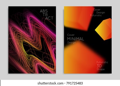 Abstract banner template with blurred geometric shapes. Poster with gradient neon colored  lines like tangled threads. Bright colorful fluid shapes on black background.