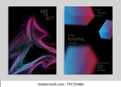 Abstract banner template with blurred geometric shapes. Poster with gradient neon colored  lines like tangled threads. Bright colorful fluid shapes on black background.