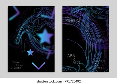 Abstract banner template with blurred geometric shapes. Poster with gradient neon colored  lines like tangled threads. Bright colorful fluid shapes on black background.