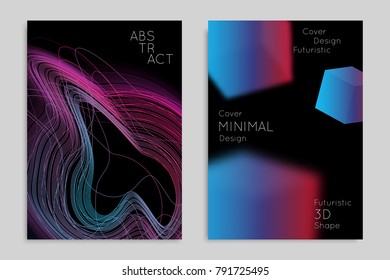 Abstract banner template with blurred geometric shapes. Poster with gradient neon colored  lines like tangled threads. Bright colorful fluid shapes on black background.