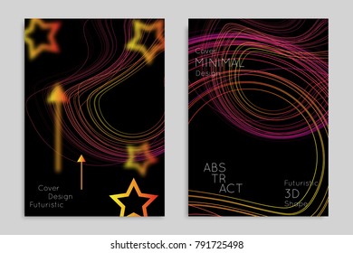 Abstract banner template with blurred geometric shapes. Poster with gradient neon colored  lines like tangled threads. Bright colorful fluid shapes on black background.