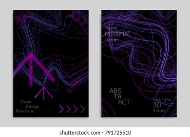 Abstract banner template with blurred geometric shapes. Poster with gradient neon colored  lines like tangled threads. Bright colorful fluid shapes on black background.