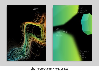 Abstract banner template with blurred geometric shapes. Poster with gradient neon colored  lines like tangled threads. Bright colorful fluid shapes on black background.