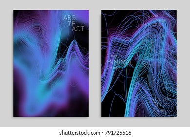 Abstract banner template with blurred geometric shapes. Poster with gradient neon colored  lines like tangled threads. Bright colorful fluid shapes on black background.