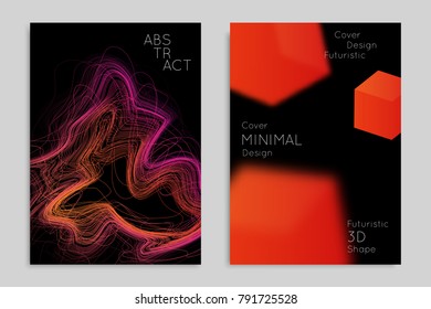 Abstract banner template with blurred geometric shapes. Poster with gradient neon colored  lines like tangled threads. Bright colorful fluid shapes on black background.