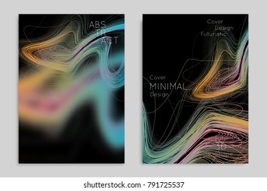 Abstract banner template with blurred geometric shapes. Poster with gradient neon colored  lines like tangled threads. Bright colorful fluid shapes on black background.