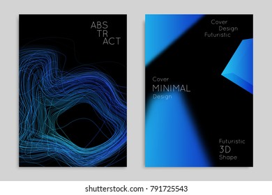 Abstract banner template with blurred geometric shapes. Poster with gradient neon colored  lines like tangled threads. Bright colorful fluid shapes on black background.