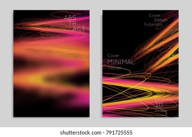 Abstract banner template with blurred geometric shapes. Poster with gradient neon colored  lines like tangled threads. Bright colorful fluid shapes on black background.