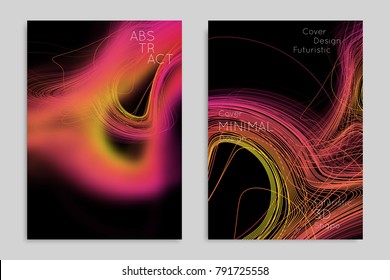 Abstract banner template with blurred geometric shapes. Poster with gradient neon colored  lines like tangled threads. Bright colorful fluid shapes on black background.