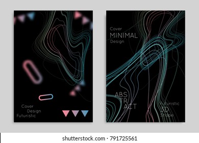 Abstract banner template with blurred geometric shapes. Poster with gradient neon colored  lines like tangled threads. Bright colorful fluid shapes on black background.