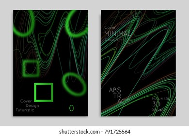 Abstract banner template with blurred geometric shapes. Poster with gradient neon colored  lines like tangled threads. Bright colorful fluid shapes on black background.
