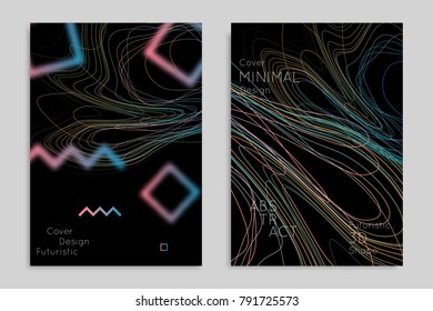 Abstract banner template with blurred geometric shapes. Poster with gradient neon colored  lines like tangled threads. Bright colorful fluid shapes on black background.