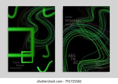 Abstract banner template with blurred geometric shapes. Poster with gradient neon colored  lines like tangled threads. Bright colorful fluid shapes on black background.