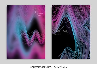 Abstract banner template with blurred geometric shapes. Poster with gradient neon colored  lines like tangled threads. Bright colorful fluid shapes on black background.