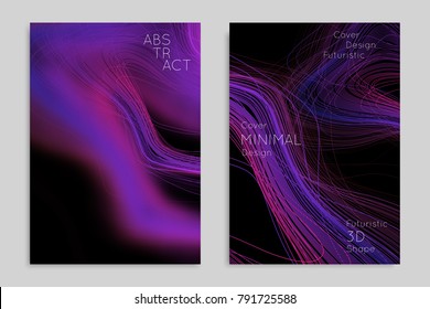 Abstract banner template with blurred geometric shapes. Poster with gradient neon colored  lines like tangled threads. Bright colorful fluid shapes on black background.