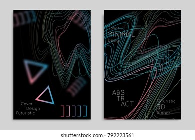 Abstract banner template with blurred geometric shapes. Poster with gradient neon colored  lines like tangled threads. Bright colorful fluid shapes on black background.