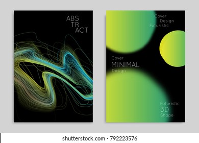 Abstract banner template with blurred geometric shapes. Poster with gradient neon colored  lines like tangled threads. Bright colorful fluid shapes on black background.