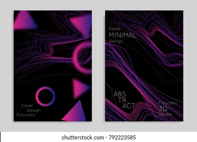 Abstract banner template with blurred geometric shapes. Poster with gradient neon colored  lines like tangled threads. Bright colorful fluid shapes on black background.