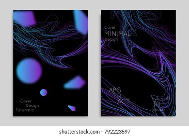 Abstract banner template with blurred geometric shapes. Poster with gradient neon colored  lines like tangled threads. Bright colorful fluid shapes on black background.