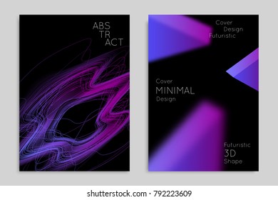 Abstract banner template with blurred geometric shapes. Poster with gradient neon colored  lines like tangled threads. Bright colorful fluid shapes on black background.