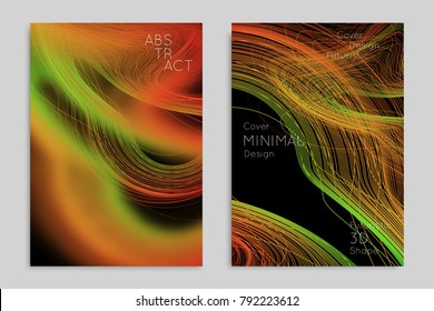 Abstract banner template with blurred geometric shapes. Poster with gradient neon colored  lines like tangled threads. Bright colorful fluid shapes on black background.