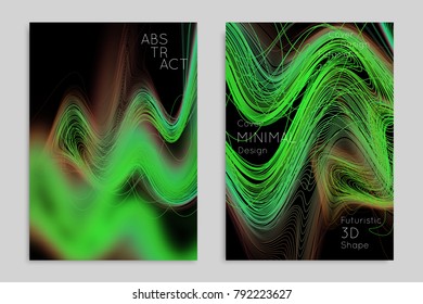 Abstract banner template with blurred geometric shapes. Poster with gradient neon colored  lines like tangled threads. Bright colorful fluid shapes on black background.