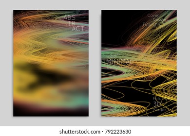 Abstract banner template with blurred geometric shapes. Poster with gradient neon colored  lines like tangled threads. Bright colorful fluid shapes on black background.