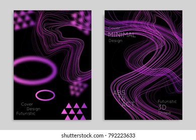 Abstract banner template with blurred geometric shapes. Poster with gradient neon colored  lines like tangled threads. Bright colorful fluid shapes on black background.