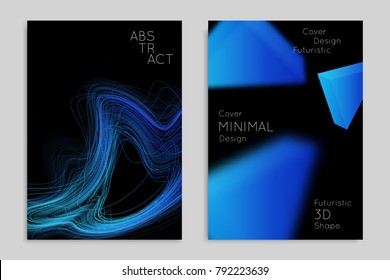Abstract banner template with blurred geometric shapes. Poster with gradient neon colored  lines like tangled threads. Bright colorful fluid shapes on black background.