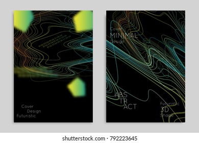 Abstract banner template with blurred geometric shapes. Poster with gradient neon colored  lines like tangled threads. Bright colorful fluid shapes on black background.