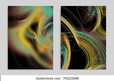 Abstract banner template with blurred geometric shapes. Poster with gradient neon colored  lines like tangled threads. Bright colorful fluid shapes on black background.