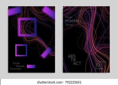 Abstract banner template with blurred geometric shapes. Poster with gradient neon colored  lines like tangled threads. Bright colorful fluid shapes on black background.