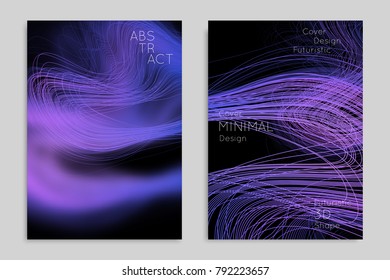 Abstract banner template with blurred geometric shapes. Poster with gradient neon colored  lines like tangled threads. Bright colorful fluid shapes on black background.