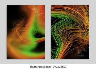 Abstract banner template with blurred geometric shapes. Poster with gradient neon colored  lines like tangled threads. Bright colorful fluid shapes on black background.
