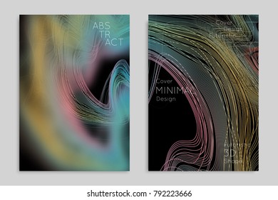Abstract banner template with blurred geometric shapes. Poster with gradient neon colored  lines like tangled threads. Bright colorful fluid shapes on black background.