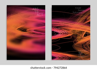 Abstract banner template with blurred geometric shapes. Poster with gradient neon colored  lines like tangled threads. Bright colorful fluid shapes on black background.