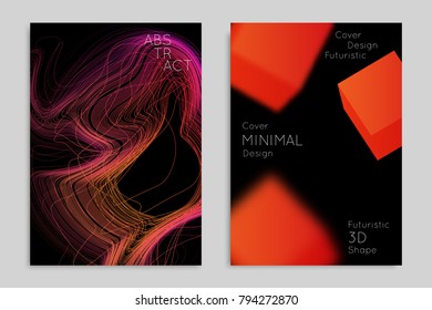 Abstract banner template with blurred geometric shapes. Poster with gradient neon colored  lines like tangled threads. Bright colorful fluid shapes on black background.