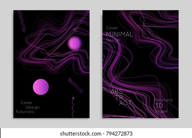 Abstract banner template with blurred geometric shapes. Poster with gradient neon colored  lines like tangled threads. Bright colorful fluid shapes on black background.
