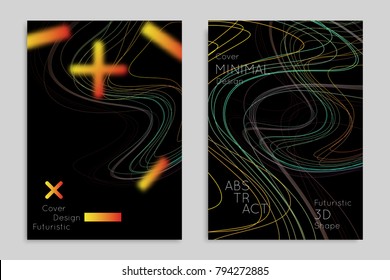 Abstract banner template with blurred geometric shapes. Poster with gradient neon colored  lines like tangled threads. Bright colorful fluid shapes on black background.