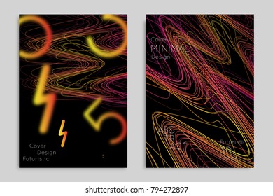 Abstract banner template with blurred geometric shapes. Poster with gradient neon colored  lines like tangled threads. Bright colorful fluid shapes on black background.