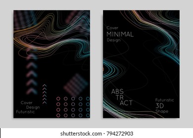 Abstract banner template with blurred geometric shapes. Poster with gradient neon colored  lines like tangled threads. Bright colorful fluid shapes on black background.