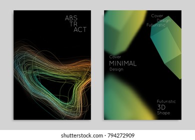 Abstract banner template with blurred geometric shapes. Poster with gradient neon colored  lines like tangled threads. Bright colorful fluid shapes on black background.