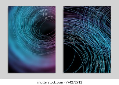 Abstract banner template with blurred geometric shapes. Poster with gradient neon colored  lines like tangled threads. Bright colorful fluid shapes on black background.