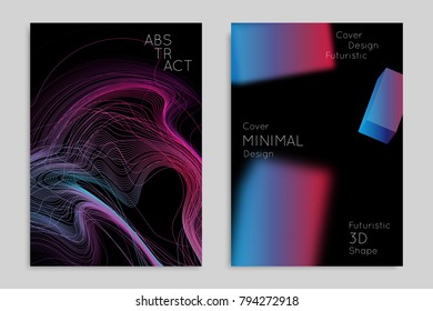 Abstract banner template with blurred geometric shapes. Poster with gradient neon colored  lines like tangled threads. Bright colorful fluid shapes on black background.