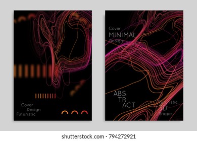 Abstract banner template with blurred geometric shapes. Poster with gradient neon colored  lines like tangled threads. Bright colorful fluid shapes on black background.
