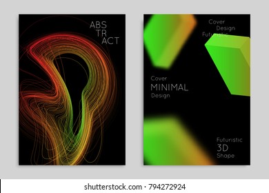 Abstract banner template with blurred geometric shapes. Poster with gradient neon colored  lines like tangled threads. Bright colorful fluid shapes on black background.