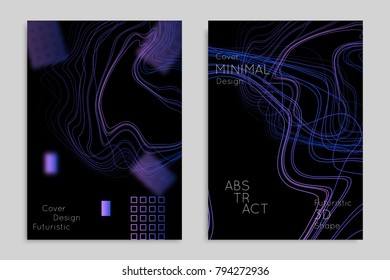 Abstract banner template with blurred geometric shapes. Poster with gradient neon colored  lines like tangled threads. Bright colorful fluid shapes on black background.
